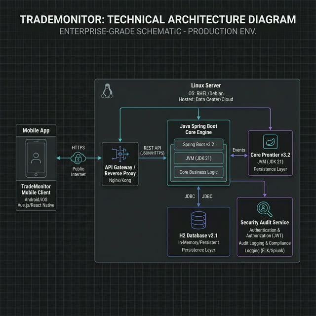 TradeMonitor Enterprise Architecture Diagram via REST API, Linux Server and Mobile App